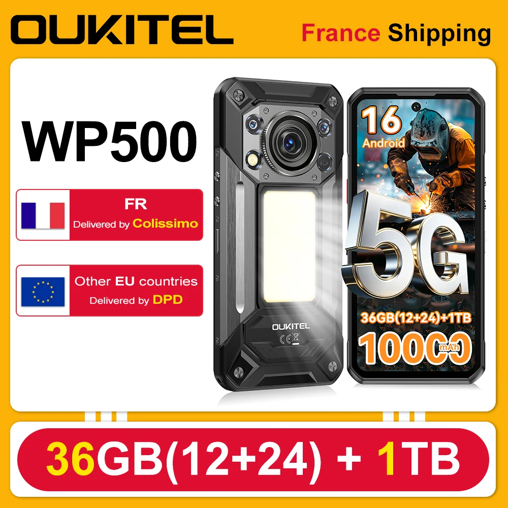 OUKITEL WP500 5G Smartphone Rugged, Display FHD+ da 6,78'', Batteria Grande da 10000mAh, 45W, 36GB RAM (12GB + 24GB) + 1TB di Memoria, Luce da Campeggio Ultra Luminosa, Fotocamera…