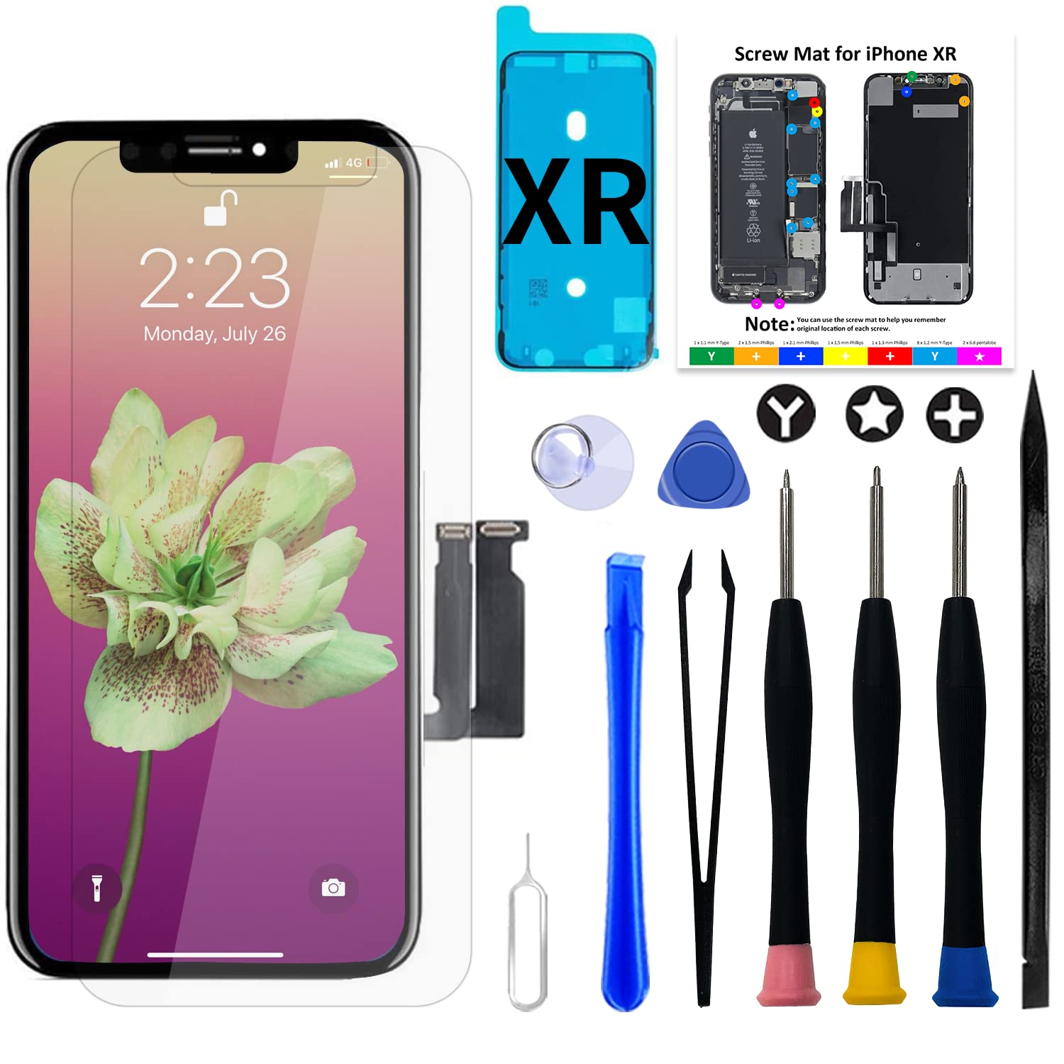 Display per iPhone Xr Schermo LCD 6,1" FHD COF Kit Sostituzione Digitizer | Schermo Retina LCD FHD Touch Fluido, Face ID, Uso Con Occhiali da Sole, Include Kit Attrezzi, Vetro e S…