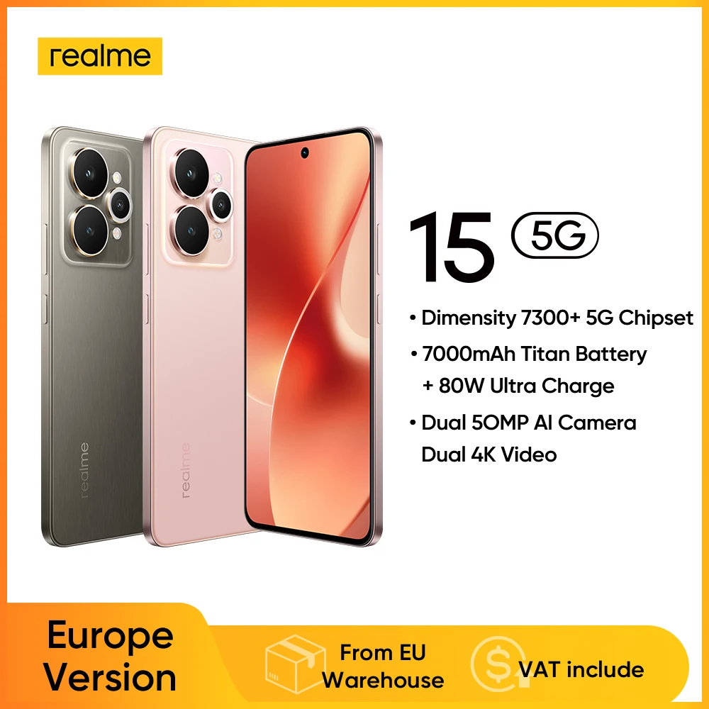 realme 15 5G Smartphone con Chipset Dimensity 7300+, Batteria da 6500mAh, Ricarica a 45W, Display AMOLED da 6.77" a 144Hz, Doppia Fotocamera da 50MP, NFC