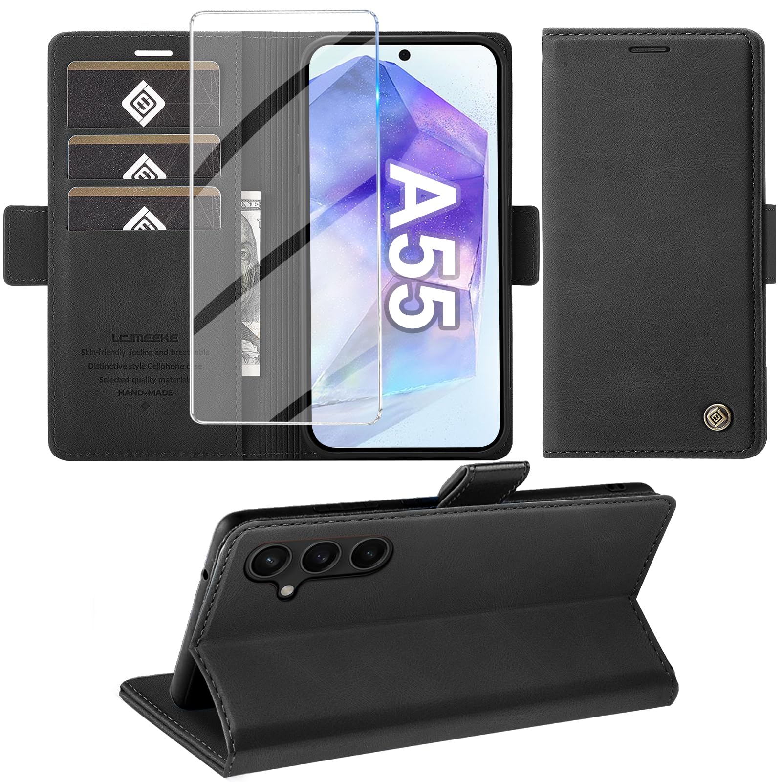 Giyer Cover per Samsung Galaxy A55 5G Custodia con Vetro Temperato, Premium Pelle PU Portafoglio Slot per Scheda RFID Antifurto Funzione Supporto Flip Case, Antiurto per Samsung A…