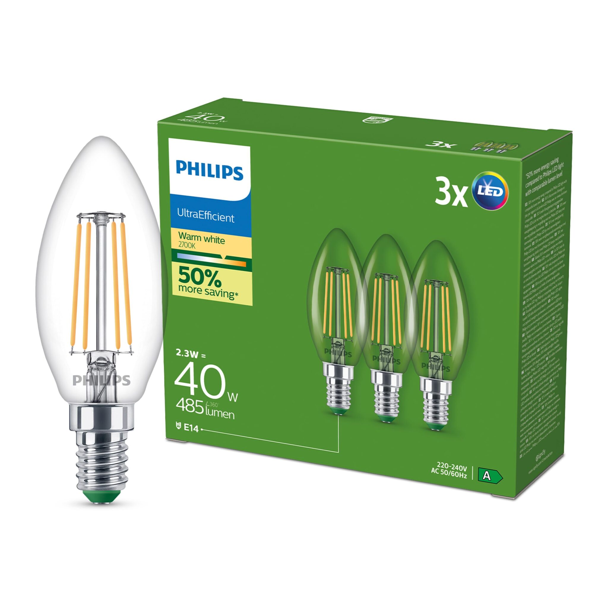PHILIPS LED UltraEfficient, Lampadina Candela, Vetro, Filamento, Attacco E14, equivalente a 40W, Luce Bianca Calda 2700K, confezione da 3