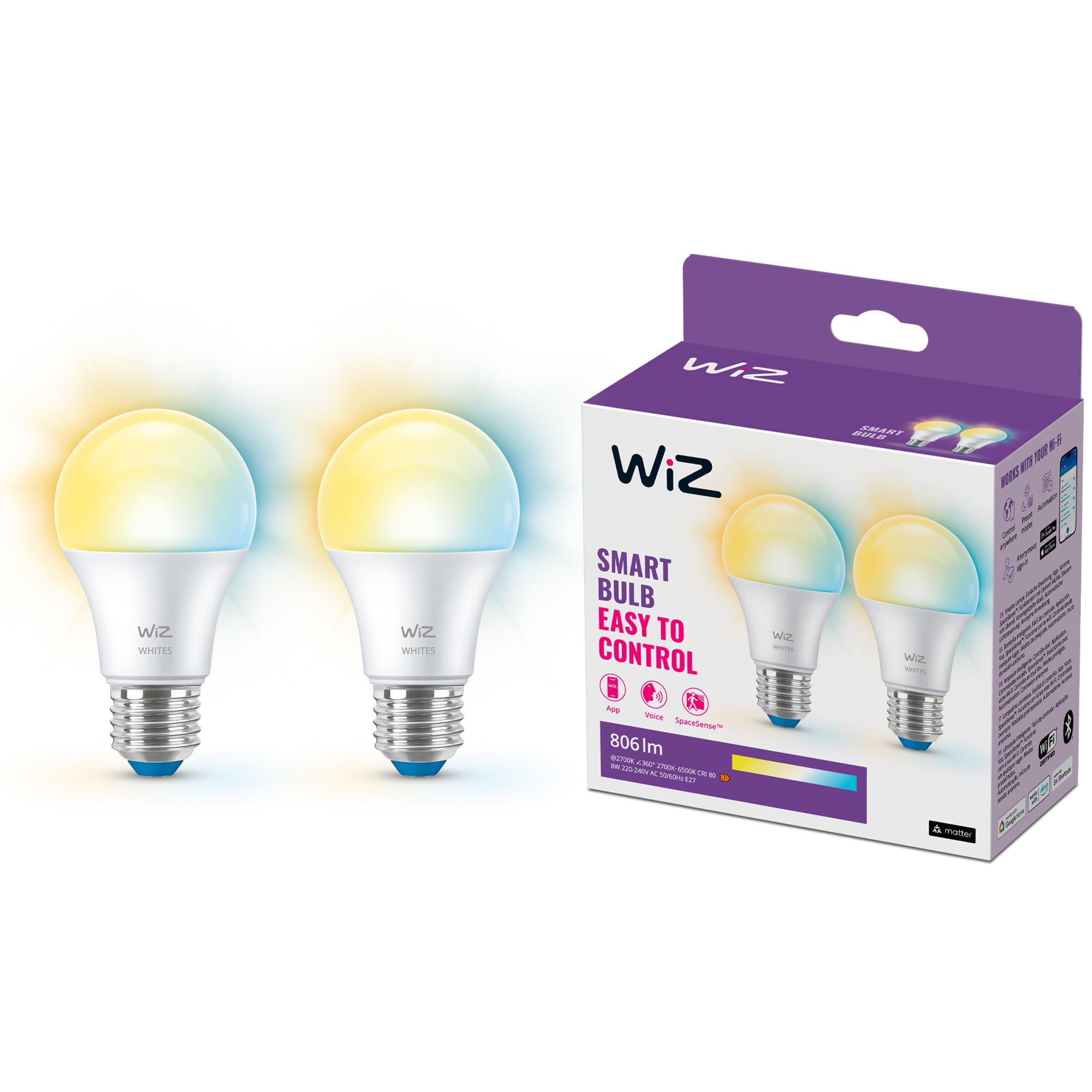 WiZ Lampadina Goccia Smart WiFi, Luce Bianca da Calda a Fredda, attacco E27, equivalente a 60W, Tecnologia SpaceSense, Controllo Vocale (Alexa, Apple HomeKit, Google Home), confez…