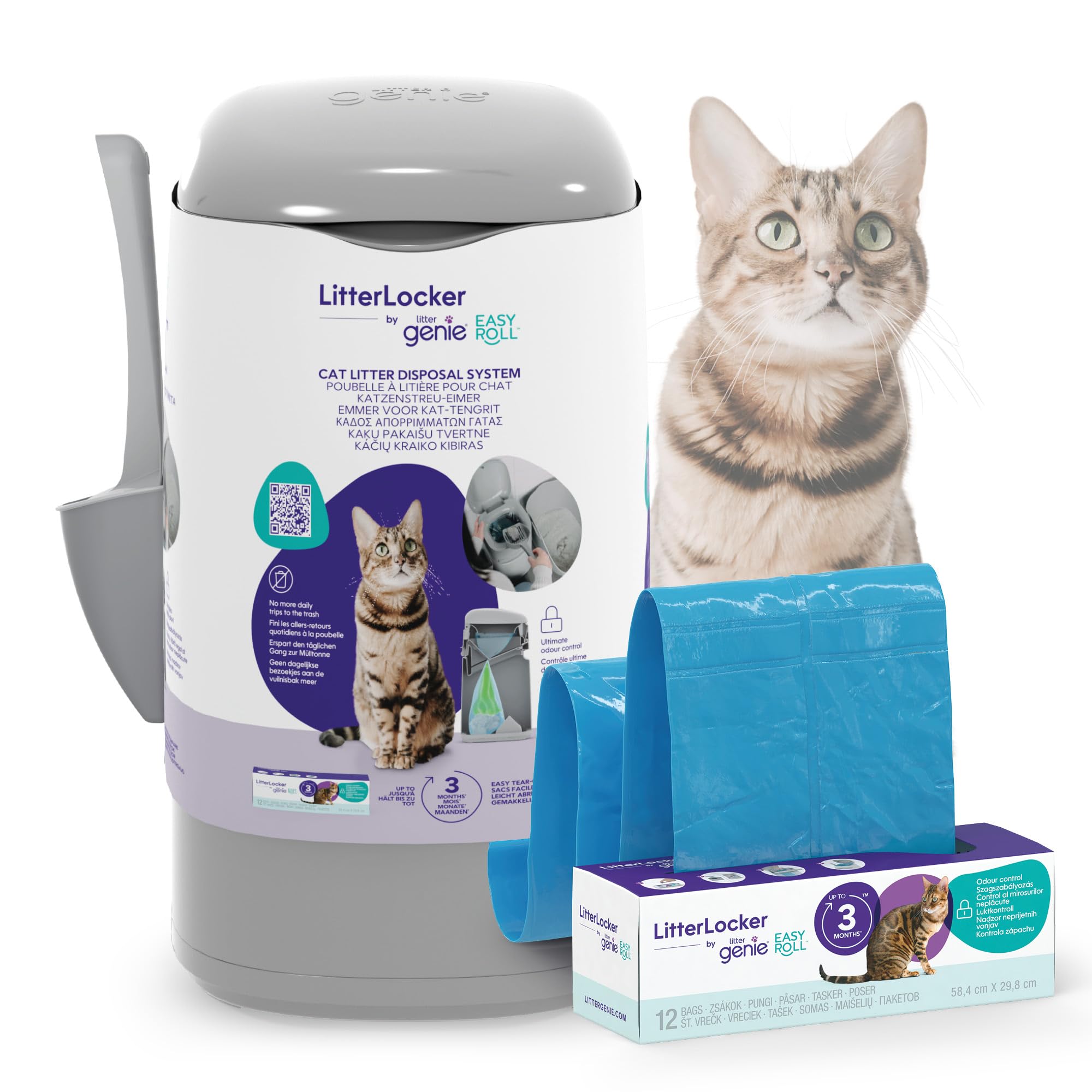 Litter Genie Easy Roll - Contenitore Lettiera - 12 Sacchi / 3 Mesi | 90% Plastica Riciclata - Chiusura Ermetica - 8 Giorni per 1 Gatto - Easy Roll 3 Mesi - 12 Sacchi - Paletta Inc…