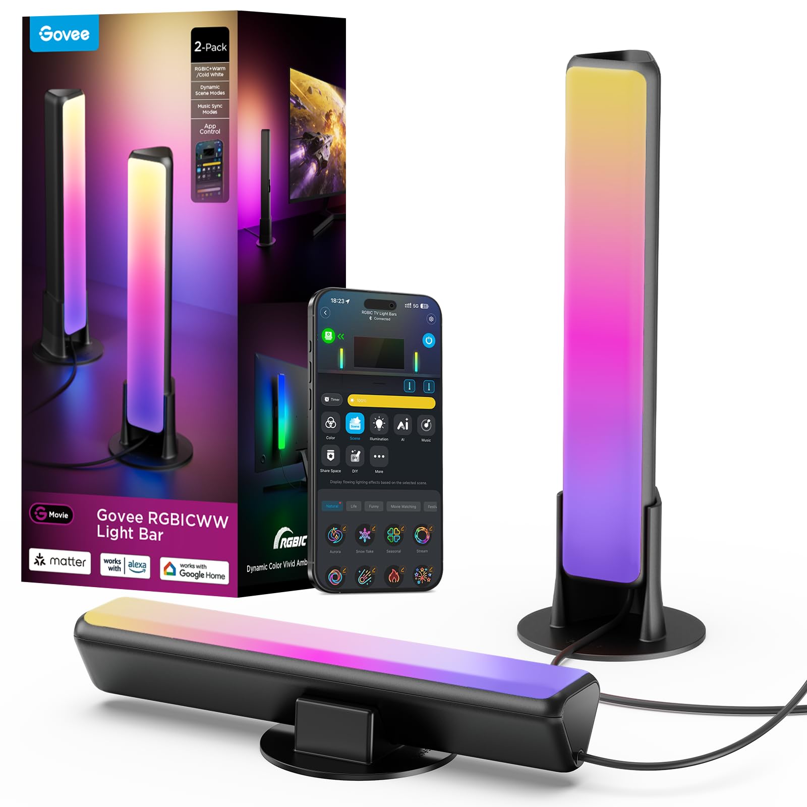 Govee Barre Luminose a LED Intelligenti, Retroilluminazione RGBICWW per TV | 64 Modalità Scena per Atmosfera, Giochi , Sincronizzazione Musicale, Compatibili con Alexa, Matter e G…