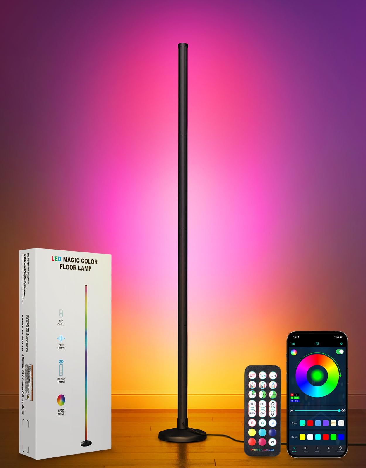 OUTON Lampada da Terra LED, RGBCW Dimmerabile Piantana con Telecomando | Controllo APP, 16 Milioni di Colori, Sincronizzazione Musicale, Timer, Altezza Regolabile per Soggiorno, G…