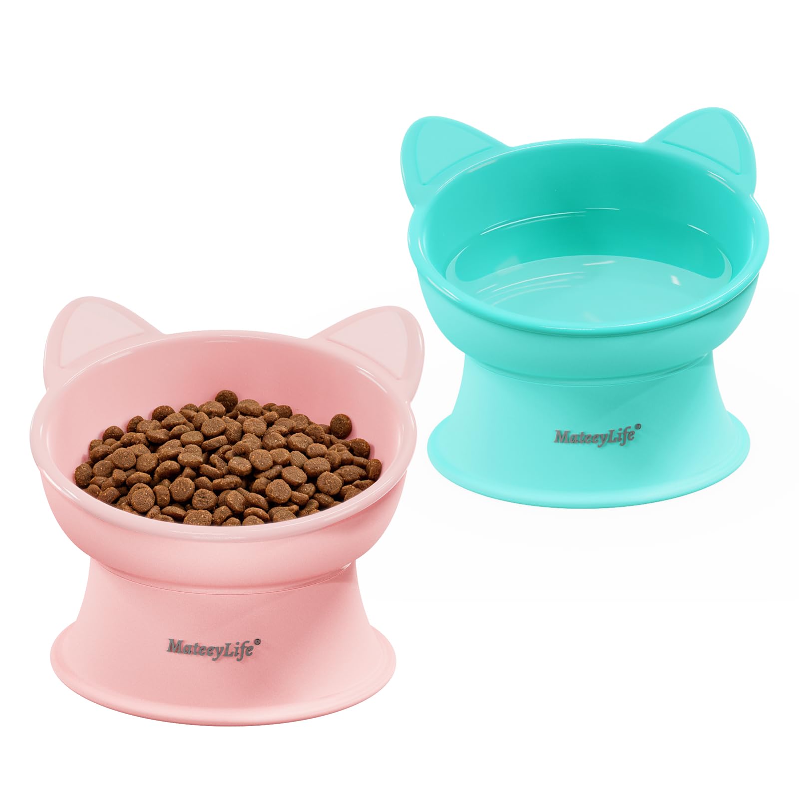 MateeyLife Ciotole per Gatti Rialzate, Set da 2, Rosa & Verde | 15 Gradi, Ciotola Rialzata per Gatti da Interno e Cani di Piccola Taglia, Anti-affaticamento dei Baffi