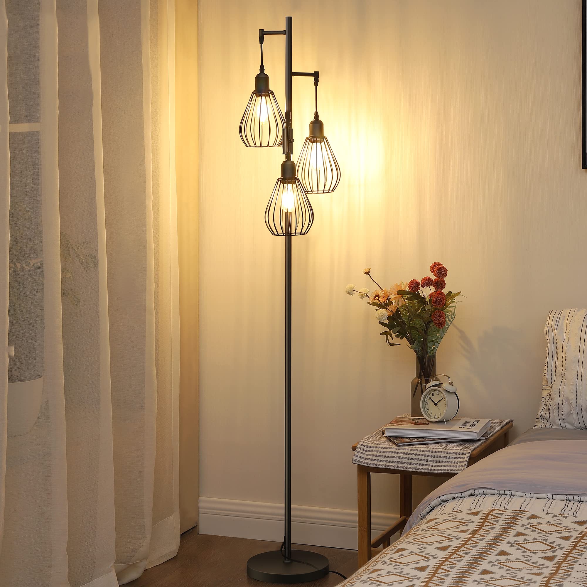 EDISHINE Lampada da Terra Soggiorno, 3 Luci, LED Dimmerabile, Vintage | 2700 K Bianco Caldo, Attacco E27, Paralume a Gabbia in Metallo, Lampada da Terra 166 cm per Camera e Uffici…