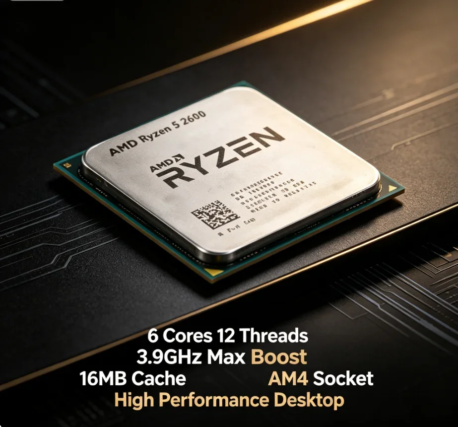 Processore AMD Ryzen 5 2600 AM4 economico e multiuso, 6 core 12 thread, per computer desktop, casa, ufficio e gaming, senza ventola.