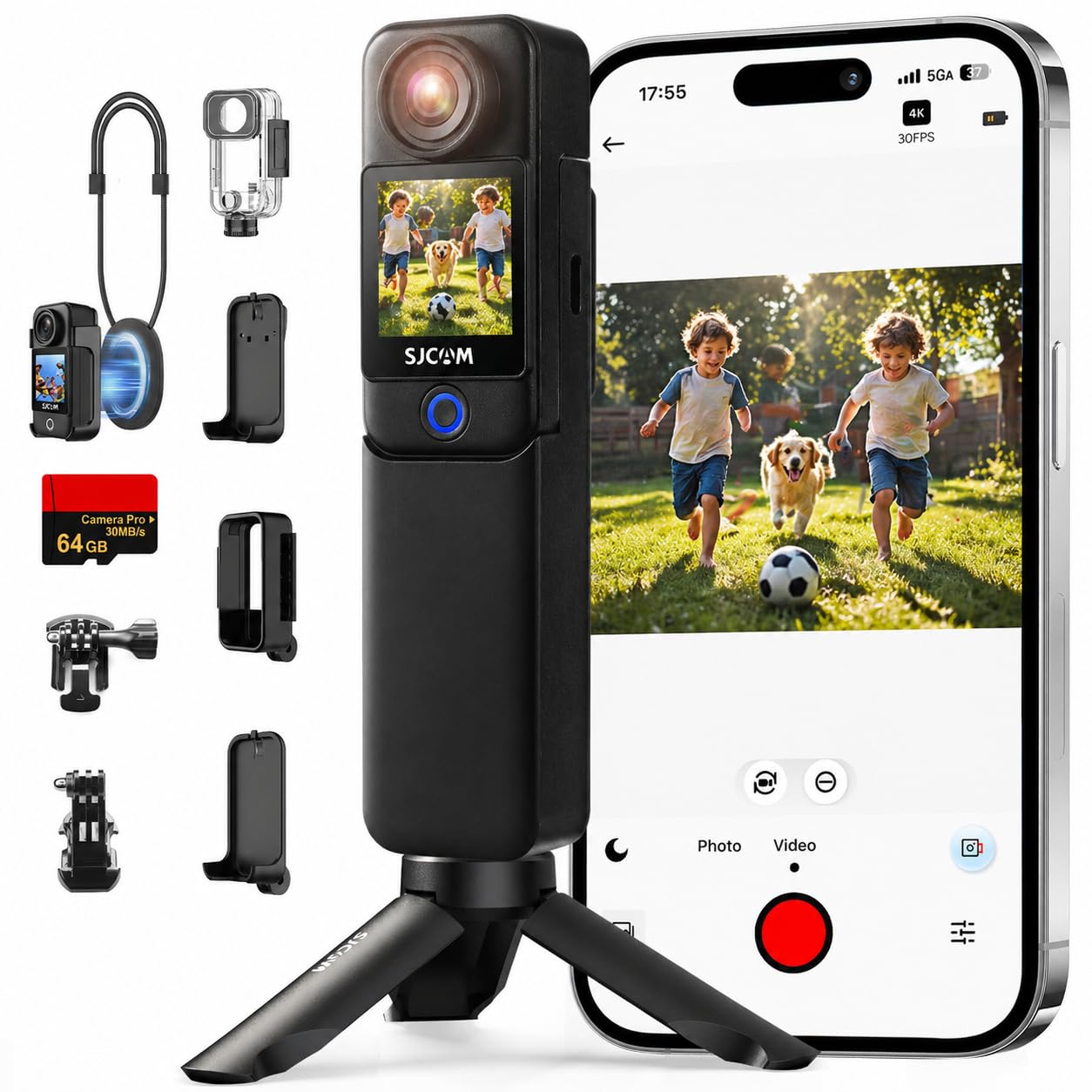 SJCAM C300 Vlog Camera(64GB), Action Cam 4K 6-Assi, 7H, 154°, 30M, Nero | Doppio schermo touch, grandangolo 154°, microfono integrato, impermeabile 30M, nero, 7 ore di autonomia p…