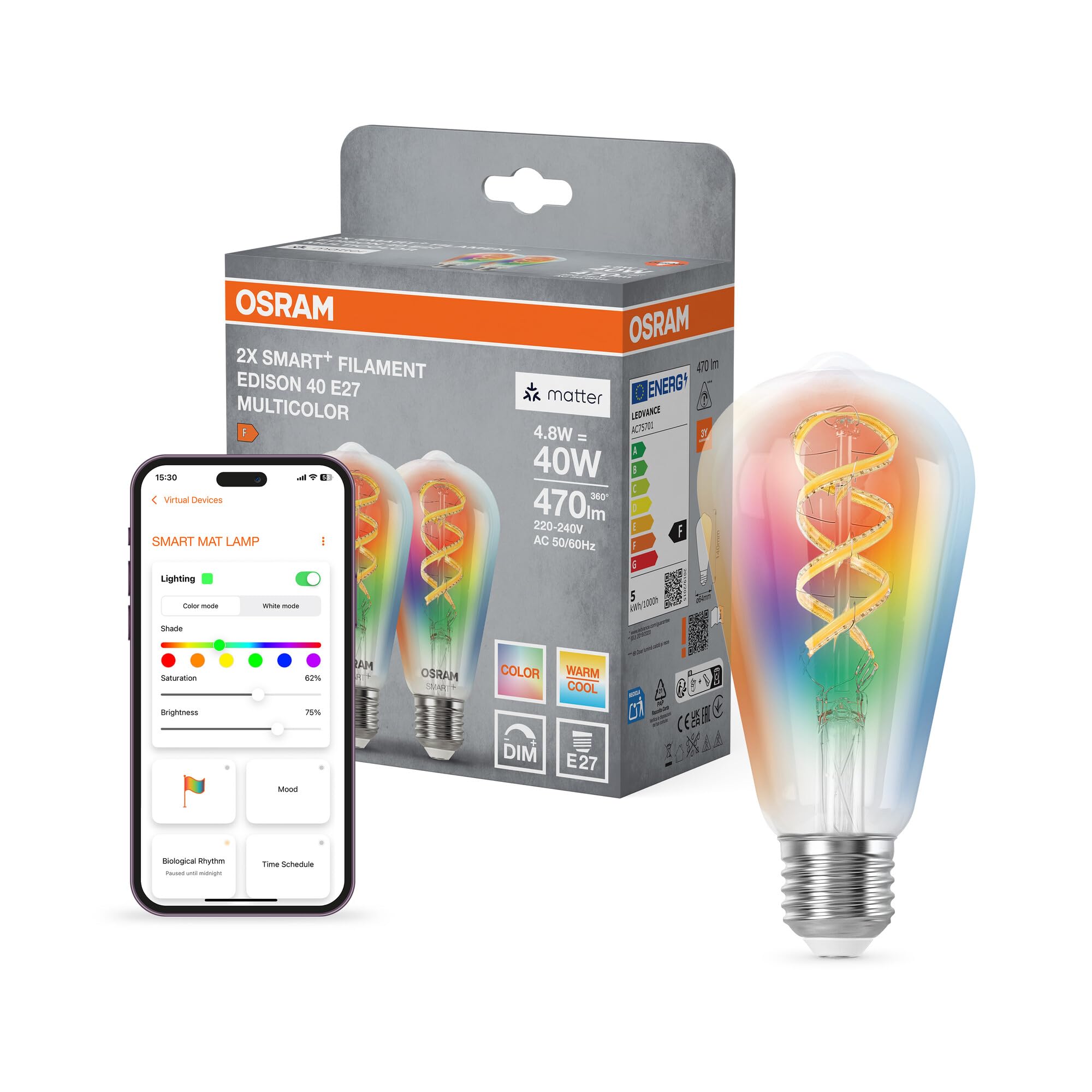 OSRAM SMART+ Edison a filamento RGB (confezione da 2, E27, 5W) – luce da | , LED Lamps, 64 Millimetres dia, 15000 Hours, confezione da 2
