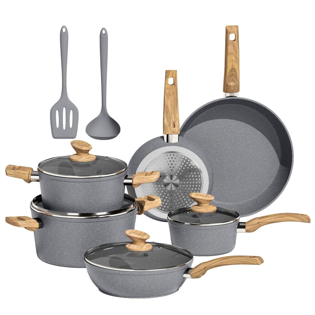 Kitchen Academy Set di Pentole e padelle, 12 Pezzi Grigio | Con Rivestimento Antiaderente, Set di Pentole e Padelle per Induzione, Fornelli a Gas e Microonde