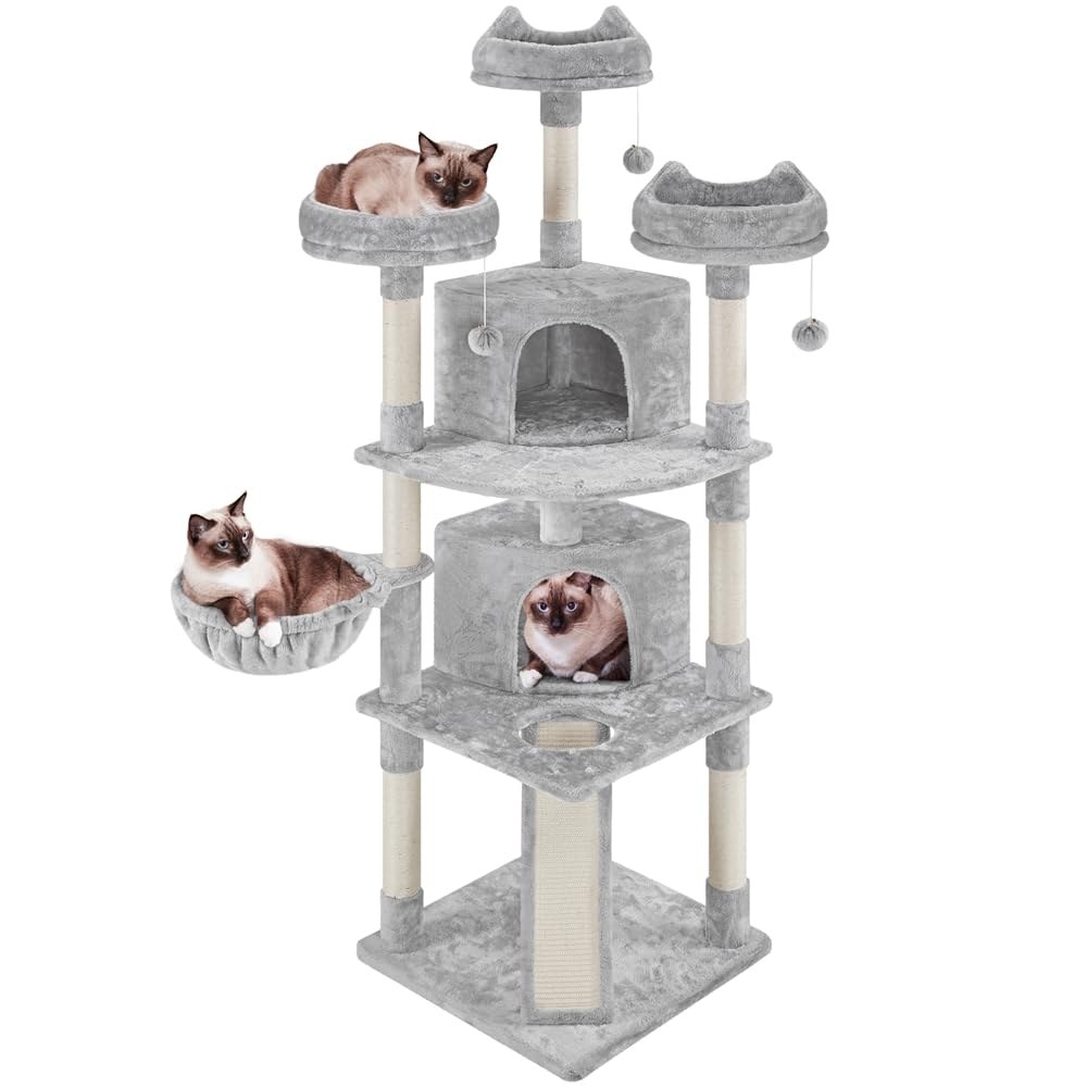 Yaheetech Albero Tiragraffi per Gatti 193 cm con 3 Posatoi Condomini Palle Cestino 7 Corde di Sisal Tiragraffi Gioco Giocattolo Grigio Chiaro