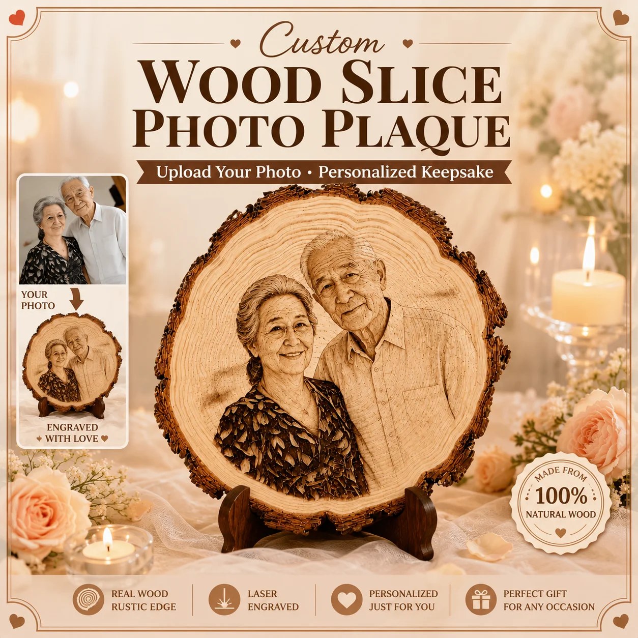 Ornamento Fotografico in Legno Vintage Personalizzato, Decorazione con Immagine Personalizzata per Foto di Gruppo e Individuali, Regalo Commemorativo per le Festività