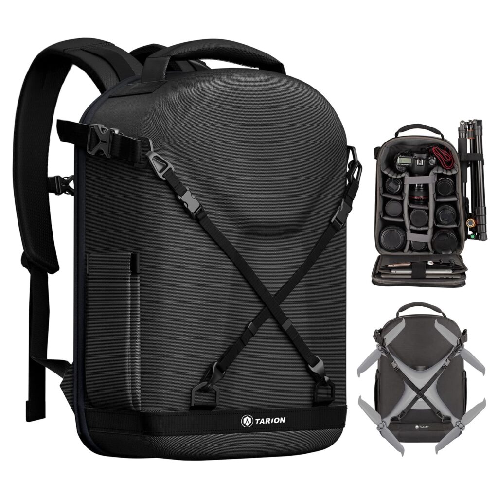 TARION Zaino per fotocamera, zaino fotografico con guscio rigido, borsa per fotocamera con scomparto per laptop da 15" e copertura antipioggia, zaino per droni DSLR SLR fotocamere…