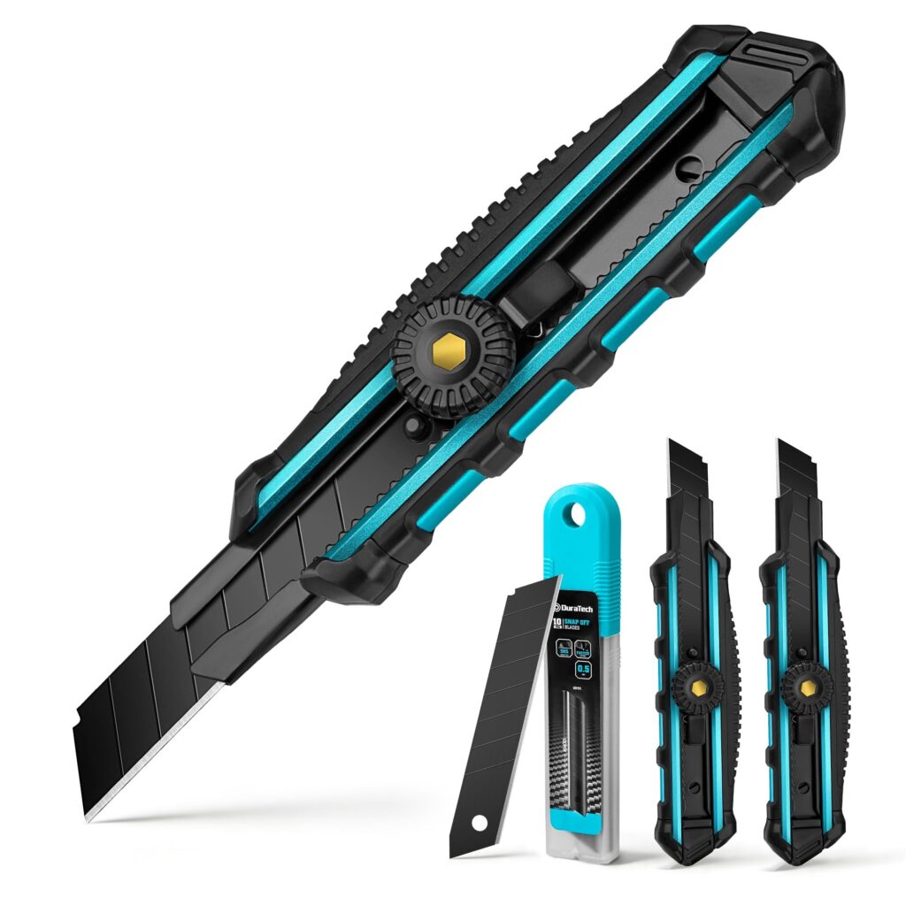 DURATECH Cutter Professionale 18mm Set di 3 con 10 Lame SK5 | Taglierini per Carta, Cartone, Tappeto e Tutti i Lavori Fai-da-Te