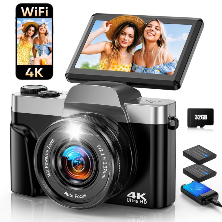 Fotocamera Digitale 4K con WiFi 64MP Macchina Fotografica Digitale | Schermo 3" 180°, Flash, Webcam, Autofocus, Zoom Digitale 16X, Anti-Shake, Scheda 32GB e 2 Batterie per Ragazzi…