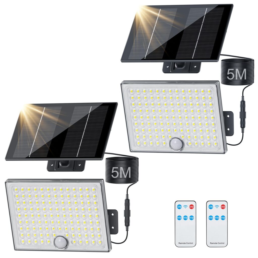 Giliwosy Faretto Led da Esterno Solare con Sensore di Movimento, Luce Solare Led Esterno con Telecomando 113 LED 2000mAh 4 Modes IP65 Impermeabile, Luci Solari da Giardino con 5M…