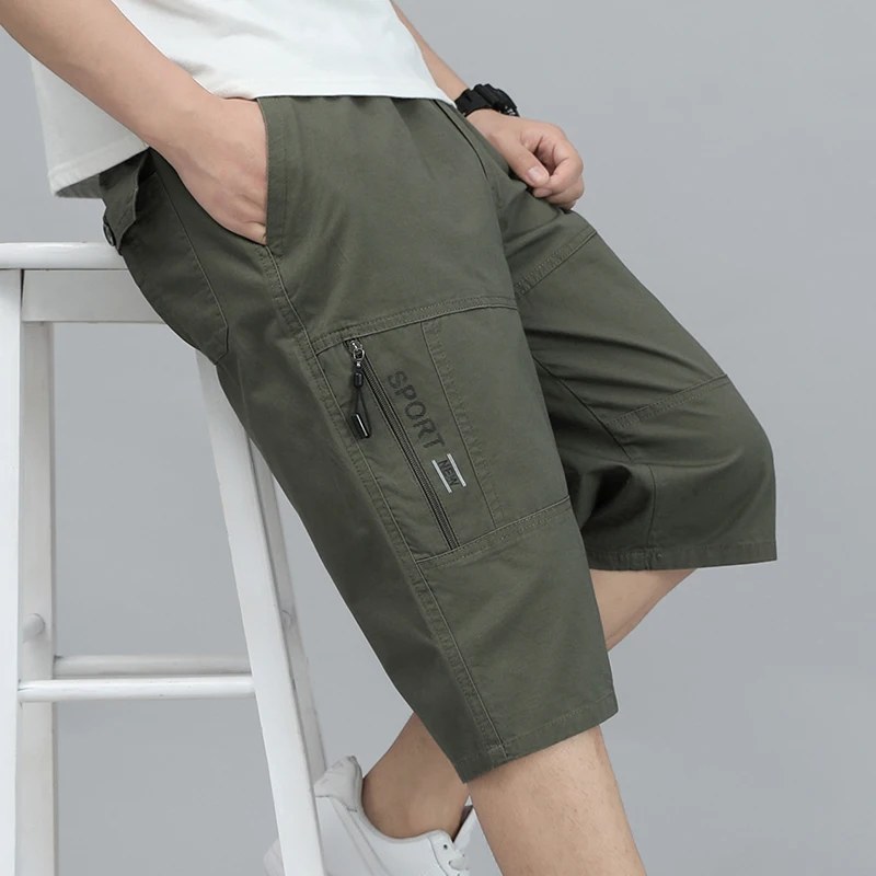 Pantaloncini cargo da uomo, pantaloni al ginocchio con tasche con cerniera, pantaloncini estivi in cotone, pantaloni da arrampicata, pantaloni sportivi con elastico in vita.
