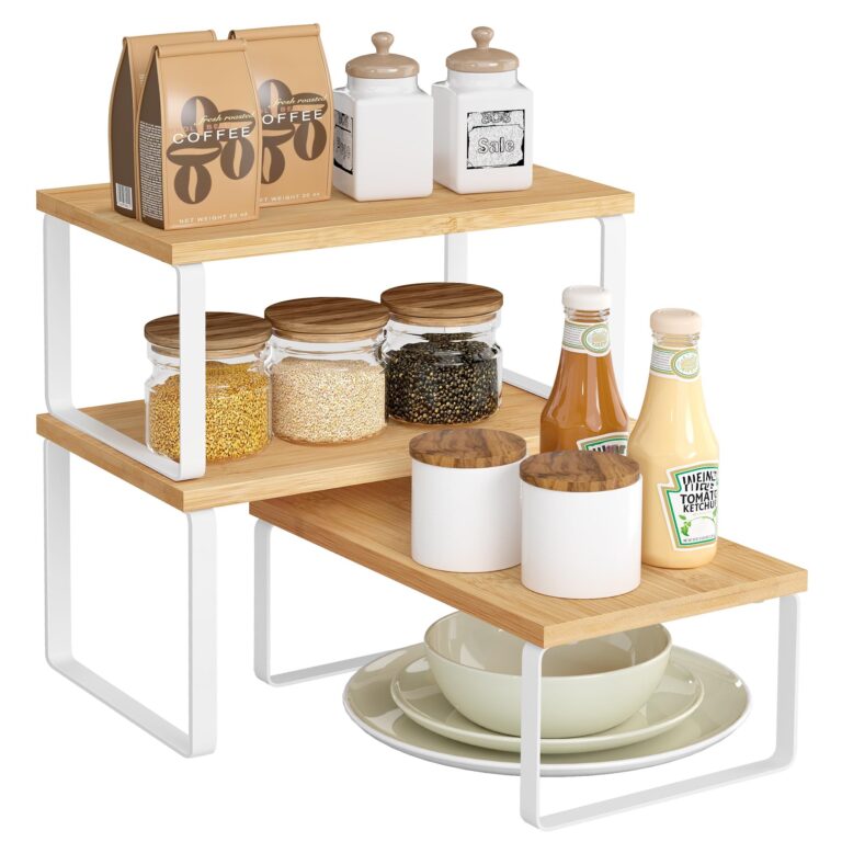 SONGMICS Set di 3 Organizzatori Armadio da Cucina, Impilabili | Scafali da Banco, Portaspezie Espandibile, in Acciaio e Bambù, Collezione BYSTRO KCS014W01