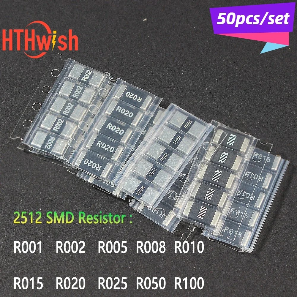 50 Pz/lotto 2512 SMD set di Resistori 1% Resistenza In Lega Kit Assortito R002 R005 R008 R010 R015 R020 R025 R050 R100