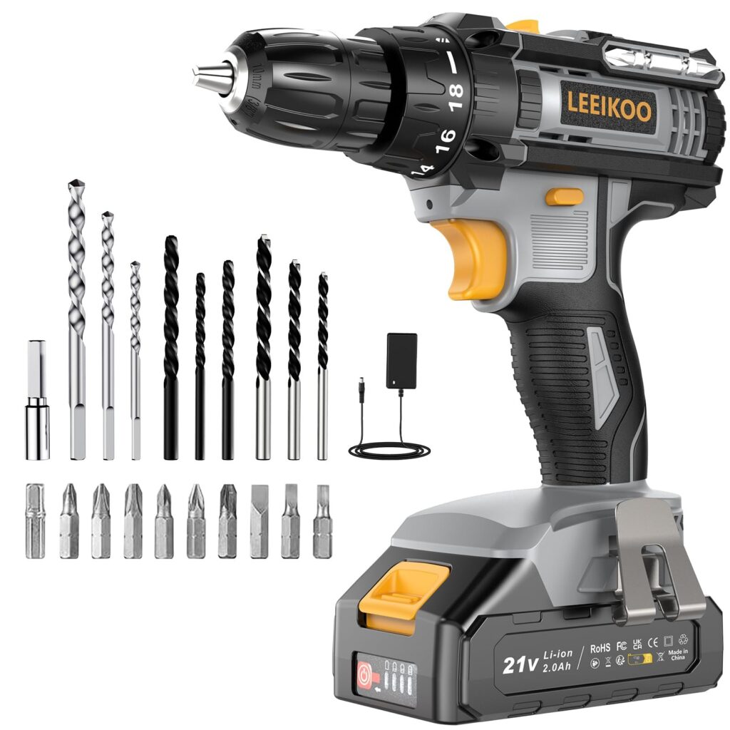 LEEIKOO Trapano Avvitatore a Batteria 21V, con 1 Batteria 2,0Ah, 42N.m | Mandrino 10 mm, LED e 2 velocità per montare mobili, regolare cerniere, forare legno e realizzare progetti…