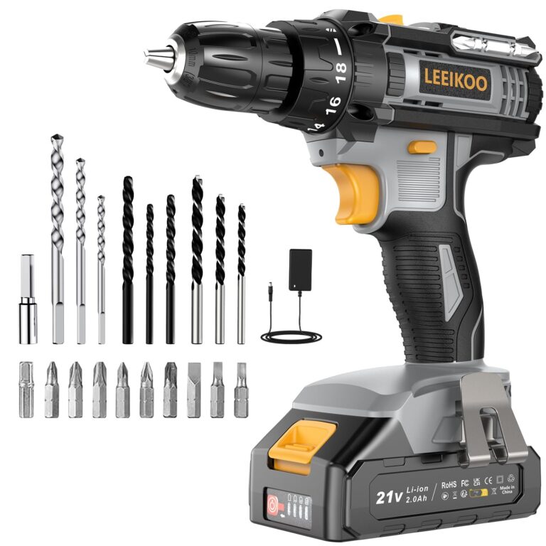 LEEIKOO Trapano Avvitatore a Batteria 21V, con 1 Batteria 2,0Ah, 42N.m | Mandrino 10 mm, LED e 2 velocità per montare mobili, regolare cerniere, forare legno e realizzare progetti…