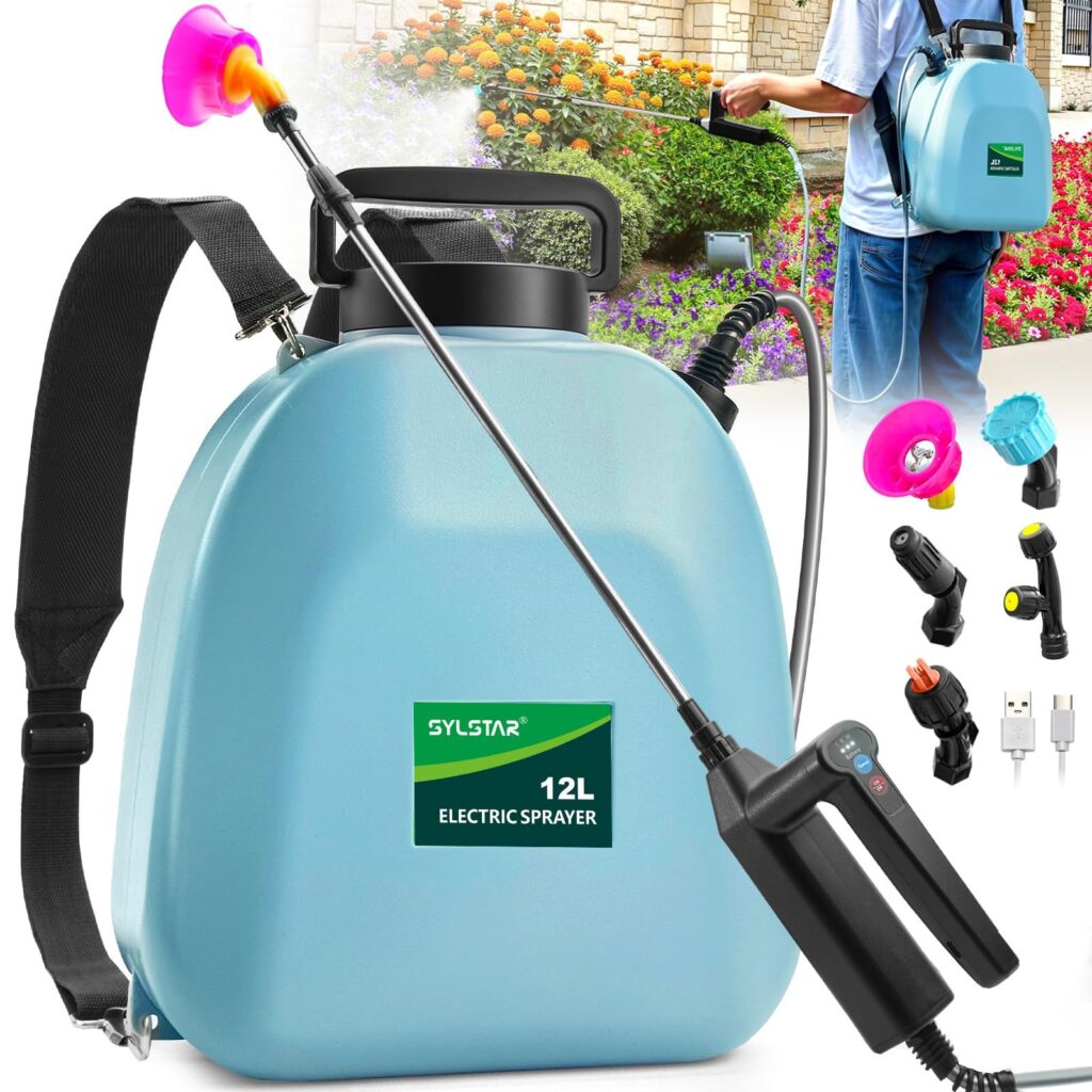 SYLSTAR Pompa Irroratrice a Batteria 12L, 3 Velocità Pompa a Spalla a Batteria con Indicatore, 7,4V Atomizzatore Potente Nebulizzatore Giardino con 5 Ugelli Regolabili per Giardin…