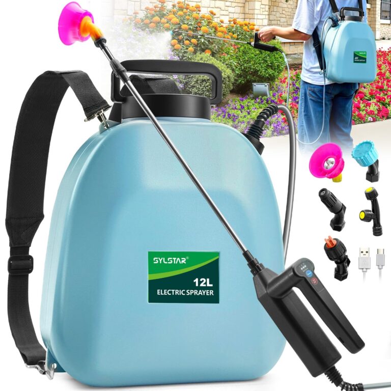 SYLSTAR Pompa Irroratrice a Batteria 12L, 3 Velocità Pompa a Spalla a Batteria con Indicatore, 7,4V Atomizzatore Potente Nebulizzatore Giardino con 5 Ugelli Regolabili per Giardin…