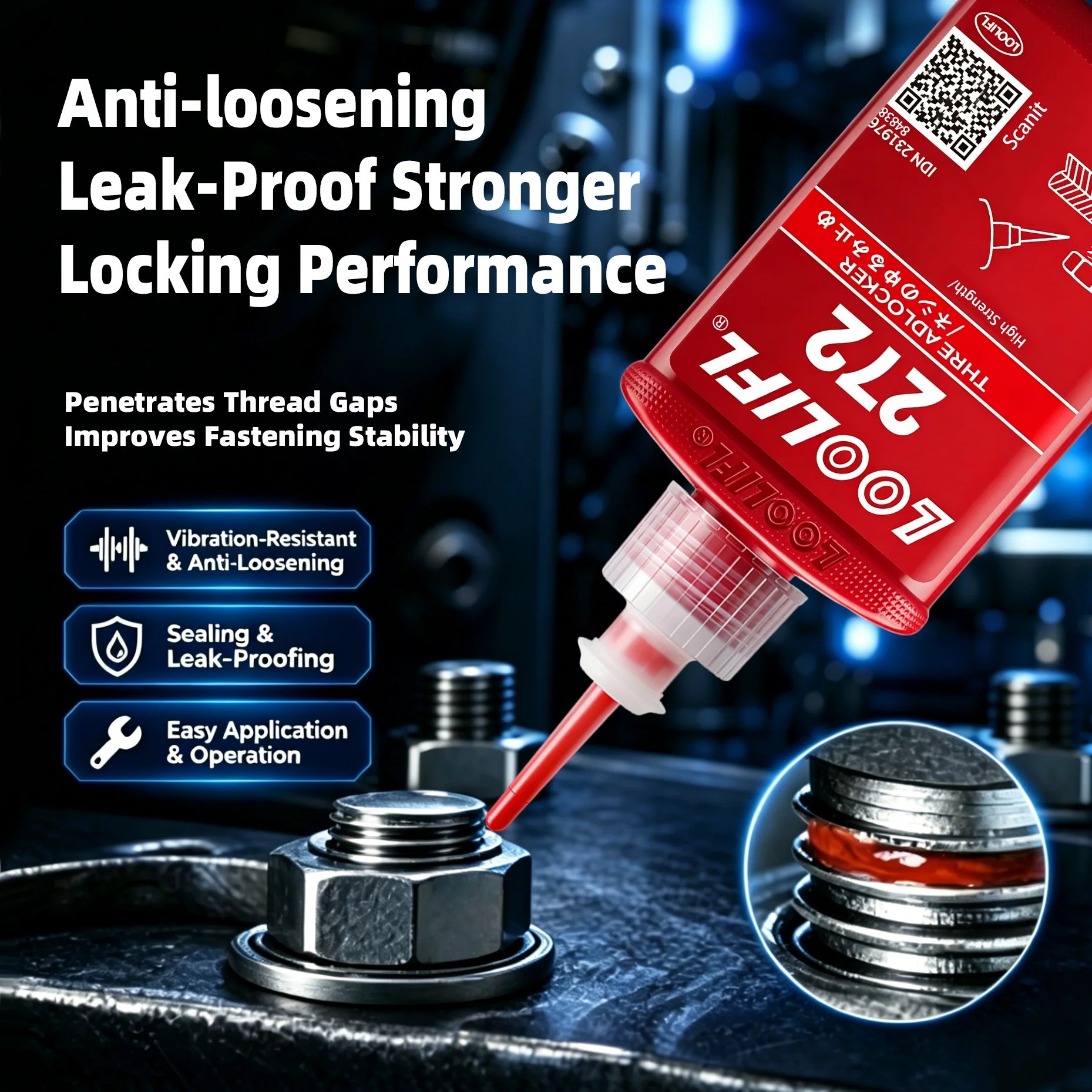 Loolifl 272 50ml Adesivo Rosso ad Alta Resistenza per Filettature, Sigillante Antiscivolo Resistente alle Alte Temperature per Filettature Metalliche