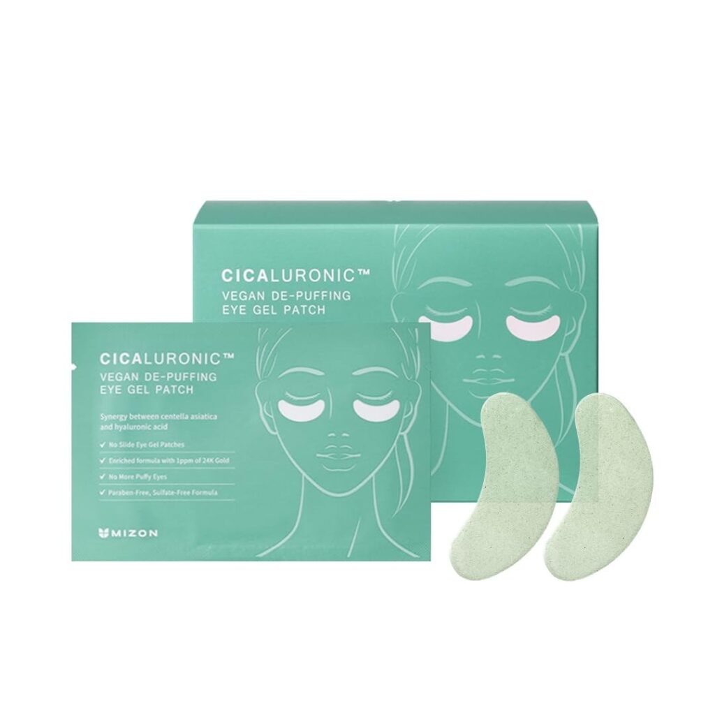MIZON Patch vegano in gel Cicaluronico per gli occhi (21 paia) Antinfiammatorio con oro 24K e Cica, riduce il gonfiore, le occhiaie e le rughe (Cicaluronic Vegan De-puffing Eye Ge…