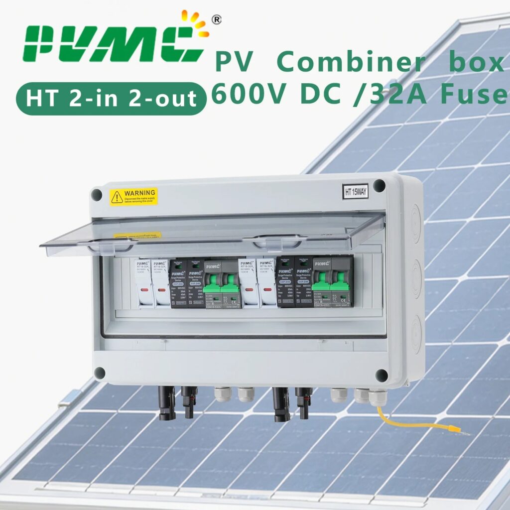 Scatola di Combinazione Fotovoltaica Solare 2 Ingressi 2 Uscite DC 600V con Protezione da Fulmini, Fusibile 32A, MCB, SPD, Impermeabile IP65, per Distribuzione