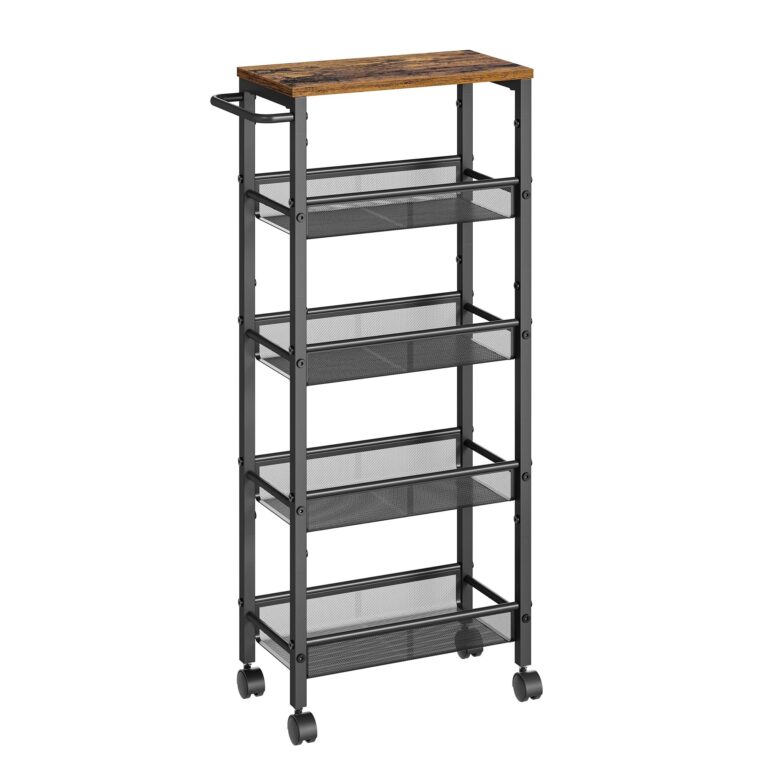 VASAGLE Carrello Cucina Salvaspazio a 5 Ripiani, 45,4 x 22 x 99,6 cm | Scaffale Stretto con Ruote in Acciaio e Legno, Organizer Bagno, Marrone Vintage e Nero Opaco, Collezione DAC…