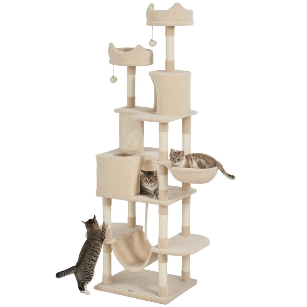 PawHut Tiragraffi per Gatti 206cm con 4 Pali Graffiatoi, Beige | Albero per Gatti, Grotte, Cesti, Amache, Palline, Piattaforme, Torre per 1-3 Gattini Fino a 6 kg, in Peluche