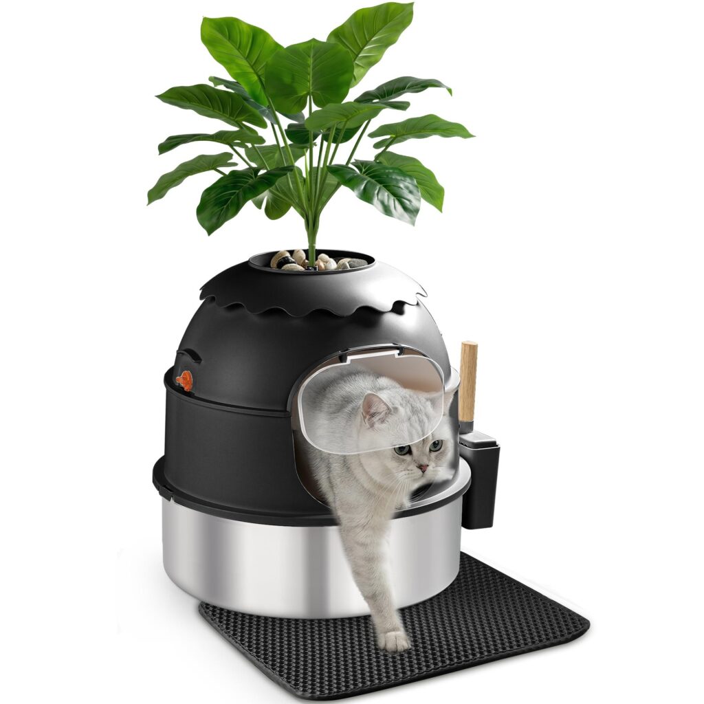 MuseMira lettiera gatto chiusa in acciaio inox con pianta finta, mobile copri lettiera con porta trasparente, antiodore, facile da pulire (Nero)