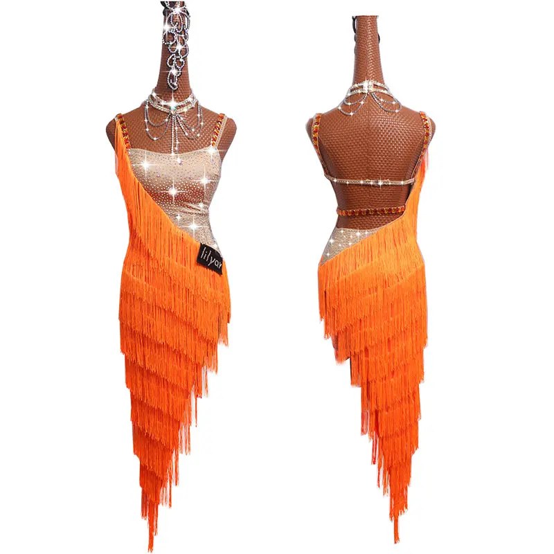 Abito da ballo latino Gonna latina Costumi da competizione Abiti da esibizione Strass scintillanti Personalizza bambini Nappa arancione