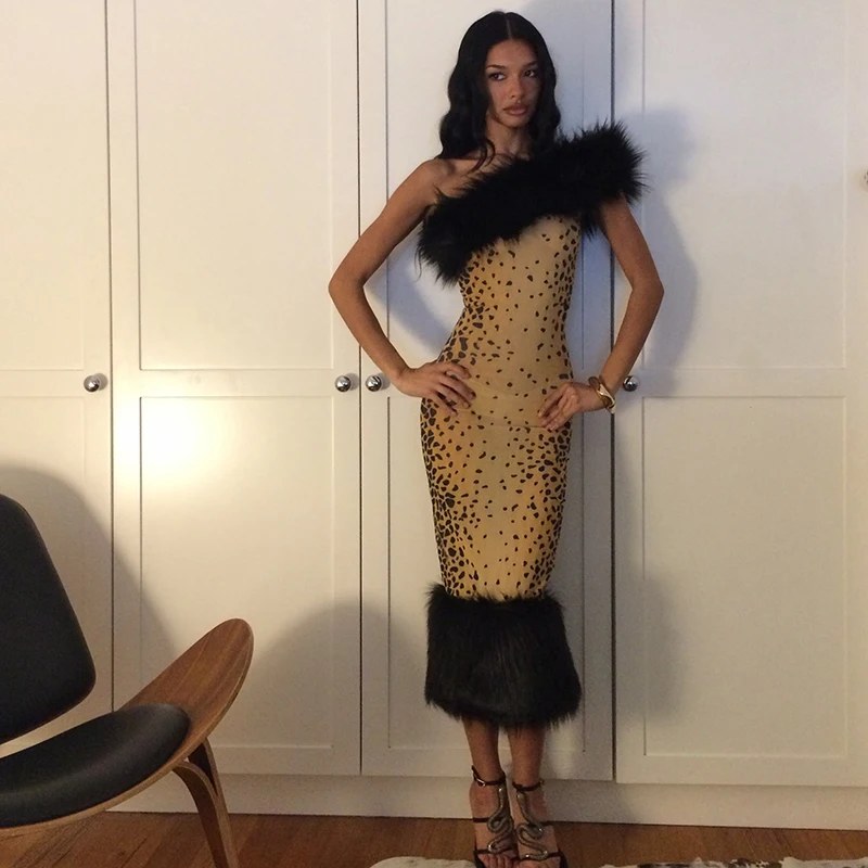 Abito tubino da donna con stampa leopardata, colletto in pelliccia sintetica rimovibile, modello 2 in 1 senza spalline, aderente, con orlo soffice, taglio a sirena, elegante abito…