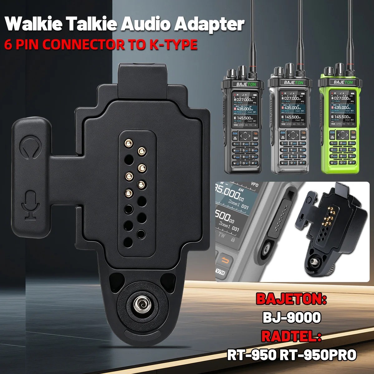 Adattatore Audio BAJETON BJ-9000 per Walkie Talkie, Auricolare e Microfono di Ricambio con Connettore a 2 Pin per Radtel RT 950Pro BJ-9000 RTD TP 900PRO