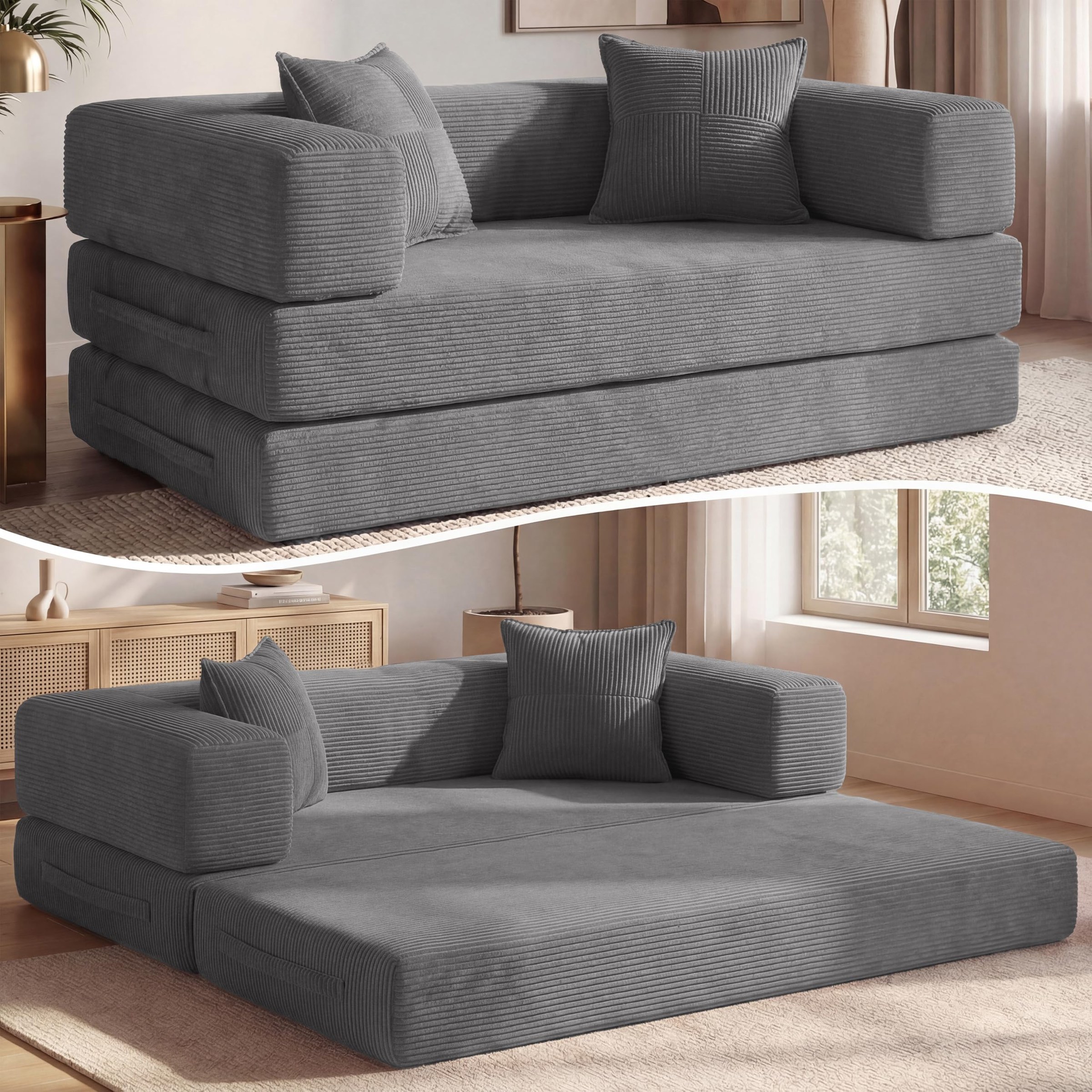 Vipbear Divano a terra convertibile 5‑in‑1 160×90×70 cm, divano‑letto in velluto a coste, schiuma ad alta densità, adatto agli animali domestici ed ergonomico, senza montaggio, gr…