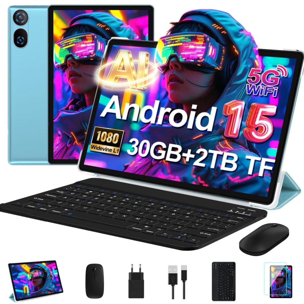 Tablet 10 Pollici Android 15 con 30 GB RAM+2TB ROM Espansione, Widevine L1 | FHD Tablet con Tastiera e Mouse, 6000mAh, Octa-Core, 5G Wi-Fi, GPS, USB-C, BT 5.0, 8MP+5MP, Gemini AI,…