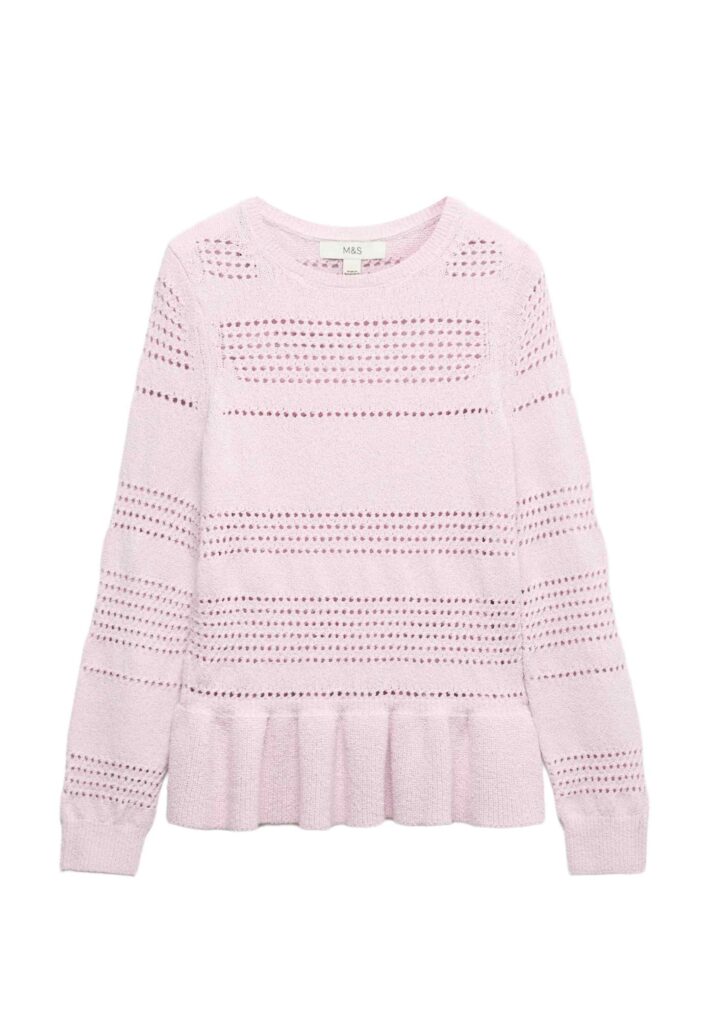 Marks & Spencer Donna Pointelle Ruffle Misto Cotone Maglione – vestibilità Slim
