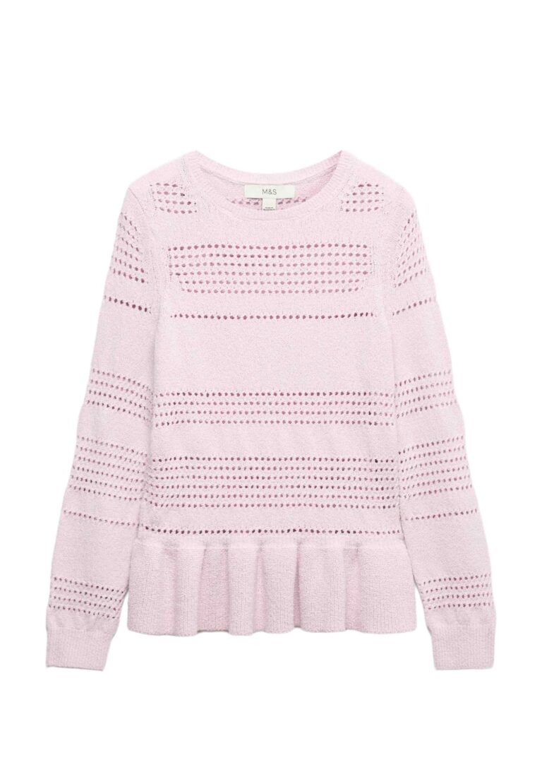Marks & Spencer Donna Pointelle Ruffle Misto Cotone Maglione – vestibilità Slim