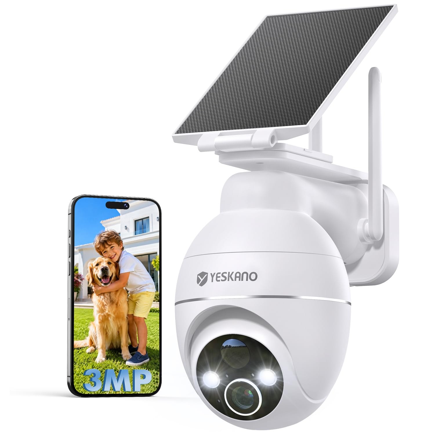 YESKANO Telecamera Wi-Fi Esterno 2K Senza Fili Con Pannello Solare | 360° PTZ, Videocamera Sorveglianza A Batteria, Visione Notturna A Colori, Rilevamento Umano/PIR con Allarme, 2…
