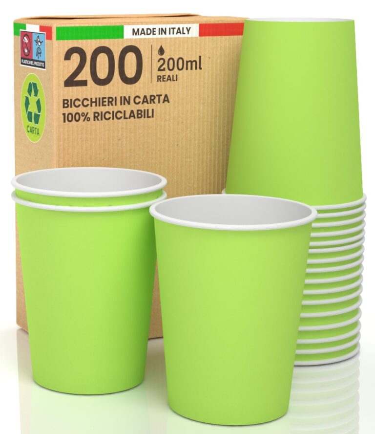 Baciato Caffè 200 Bicchieri in Carta 200ml Ecologici Biodegradabili Monouso Made in Italy Asporto Bevande Calde Acqua Colorati VERDE - Prodotto e Confezionato in Italia