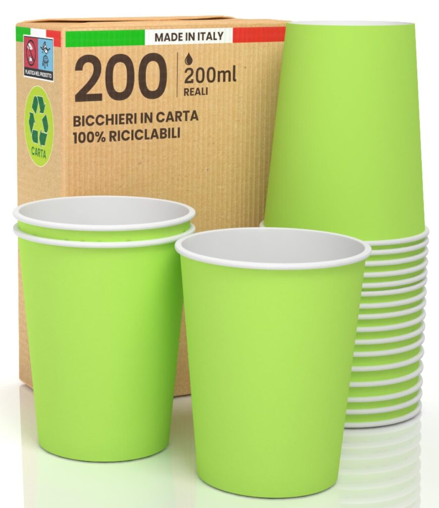 Baciato Caffè 200 Bicchieri in Carta 200ml Ecologici Biodegradabili Monouso Made in Italy Asporto Bevande Calde Acqua Colorati VERDE - Prodotto e Confezionato in Italia