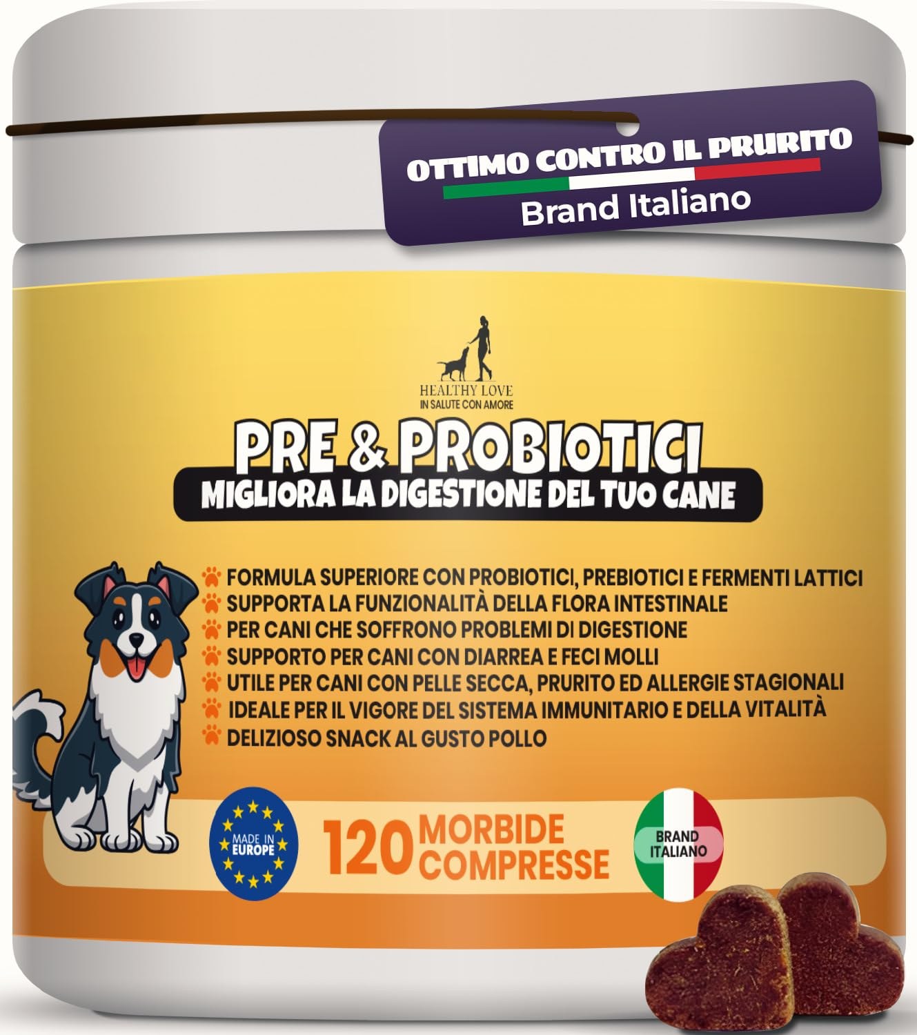 HEALTHY LOVE Probiotici per Cani,120 Snack, Fermenti Lattici Cane 240 gr | Sollievo Prurito Cane Efficace, Fermenti lattici attivi, Probiotici Cane e postbiotici contro Diarrea e…