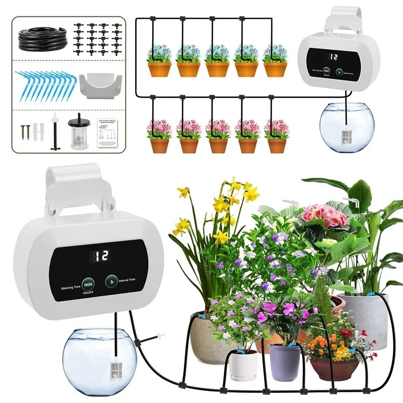 Controller per irrigazione da giardino con dispositivo di irrigazione automatico temporizzato Batteria incorporata da 1800 mAh Sistema di irrigazione per piante Ricarica USB