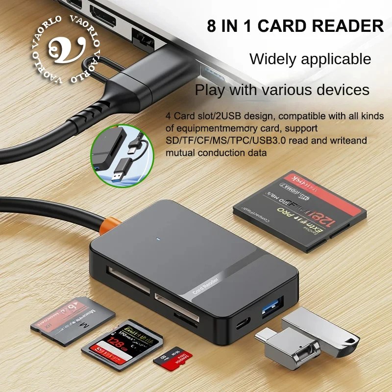 Lettore di schede USB 8 in 1 Lettore di schede 3.0 SD Micro SD TF CF MS U Disco Adattatore per schede Flash compatto per lettore di smart card per laptop