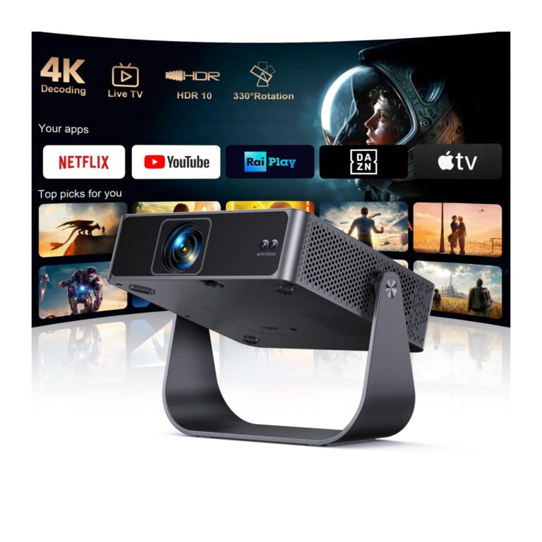 Proiettore Portatile【Smart TV & 1000+ Canali Live】Mini Proiettore 4K Smart TV Compatibile con Netflix, Rotazione 330°, Auto Focus WiFi Bluetooth, 1080P Nativo, Videoproiettore sof…