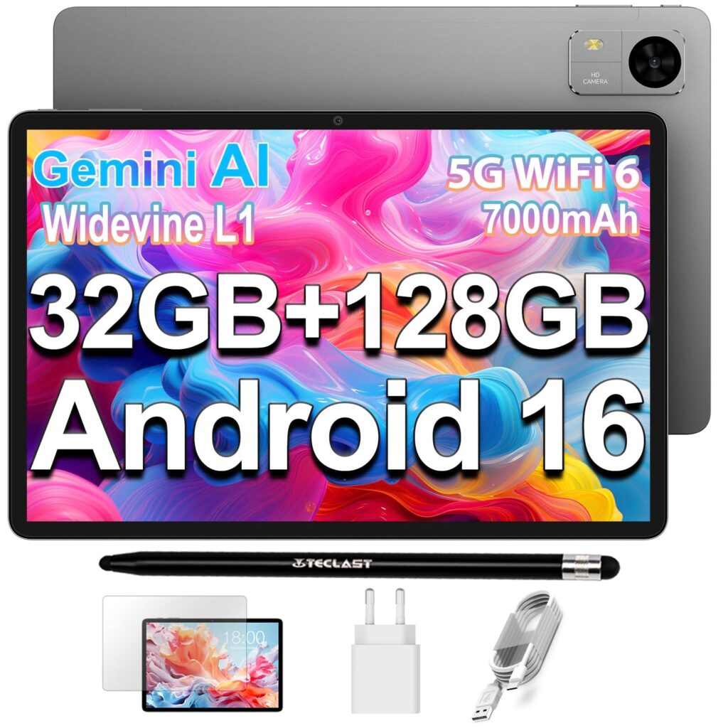 TECLAST M50T Android 16 Tablet 10.1 Pollici Gemini AI, 2GHz Octa-Core, 32GB RAM+128GB ROM+5TB TF, 7000mAh, 2.4G+5G WiFi, GMS Widevine L1, Bluetooth 5.4, 13MP, Face ID/3.5MM/OTG, 2…