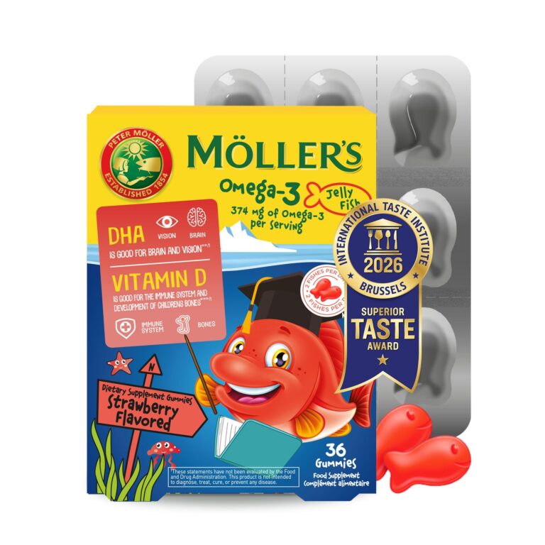 Moller’s ® | Omega 3 Per Bambini | Olio di pesce omega-3 naturale | Con DHA ed EPA, Senza glutine, lattosio o zuccheri aggiunti | Facili da masticare | Gusto fragola | 36 pezzi